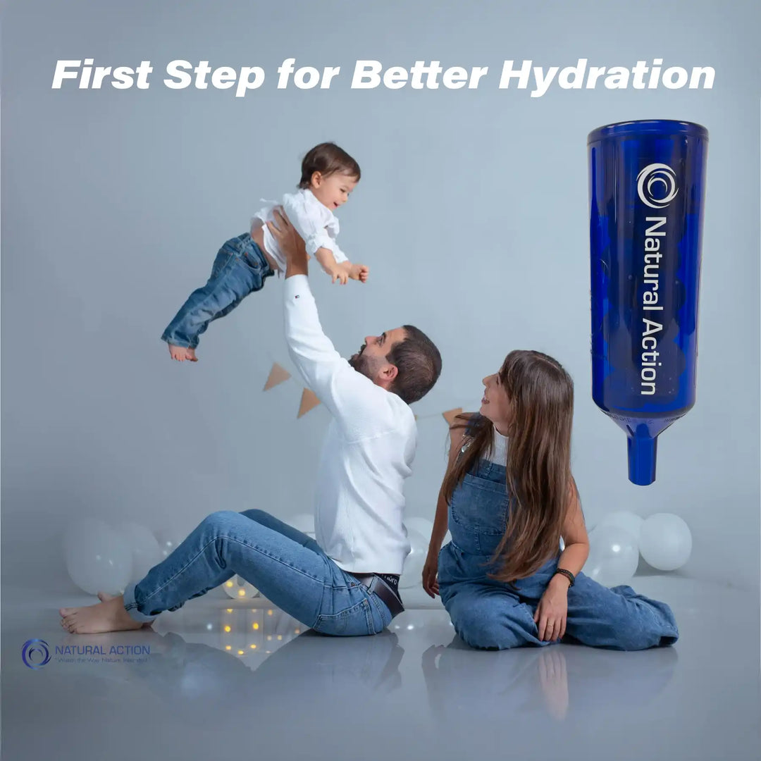 Family with a child and a blue Portable Structured Water Unit labeled 'Natural Action' on a gray background.
