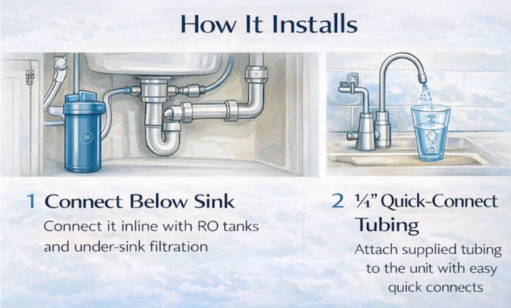 Instruction graphic titled 'How It Installs' showing two illustrated panels: one with a blue under-sink filter connected to plumbing beneath a sink, and one with a faucet, tubing, and a glass under running water. Text explains connecting below sink and quick-connect tubing.