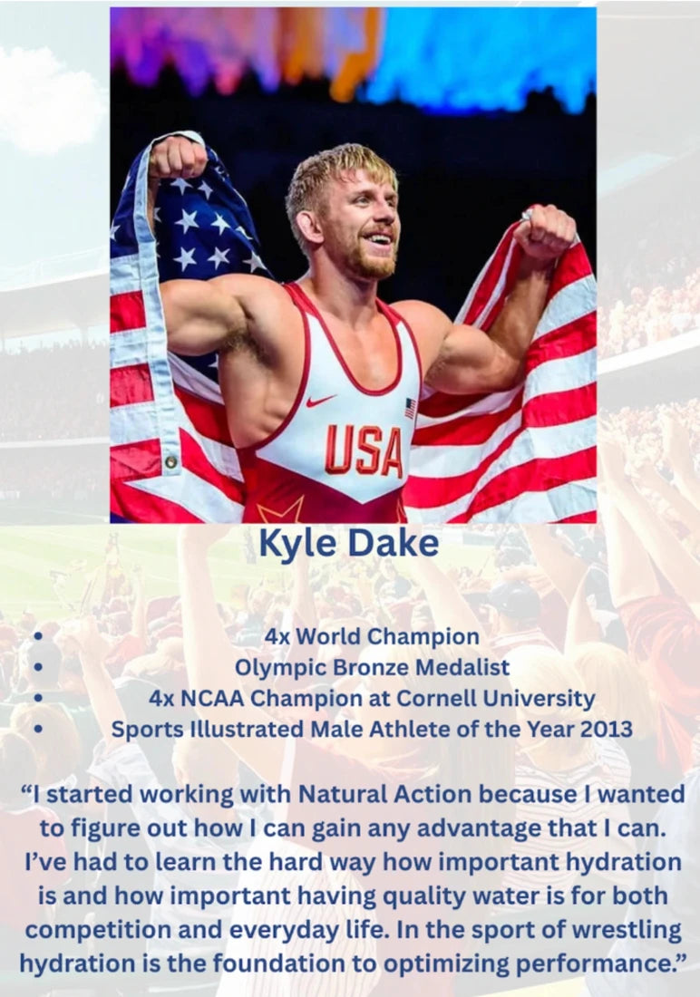A promotional graphic featuring athlete Kyle Dake holding an American flag, with text below reading 'Kyle Dake' and bullet points about his wrestling achievements, plus a quote about hydration. The layout resembles a social media post or marketing slide rather than a clean product photo.