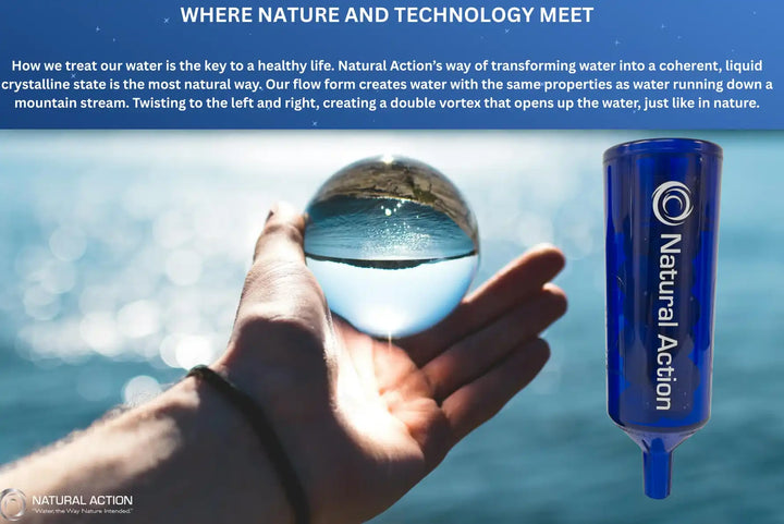Hand holding a crystal ball with water reflection, next to a 'Natural Action' water unit against a blue water background.