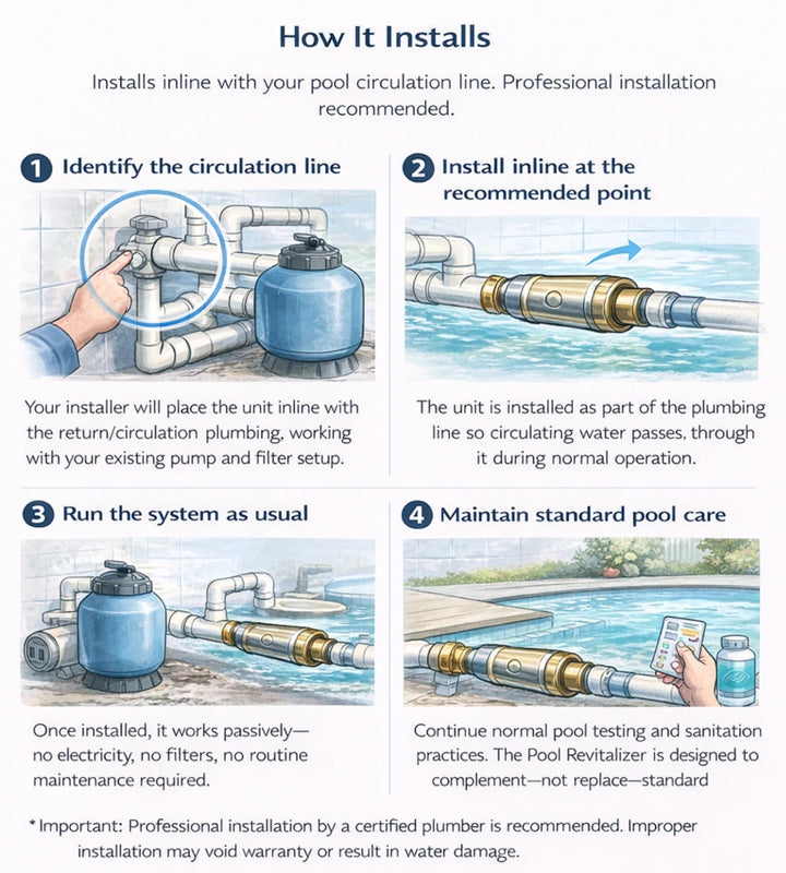 An illustrated installation guide titled 'How It Installs' with four numbered panels showing a pool circulation inline unit being connected to plumbing, run into operation, and maintained with standard pool care.