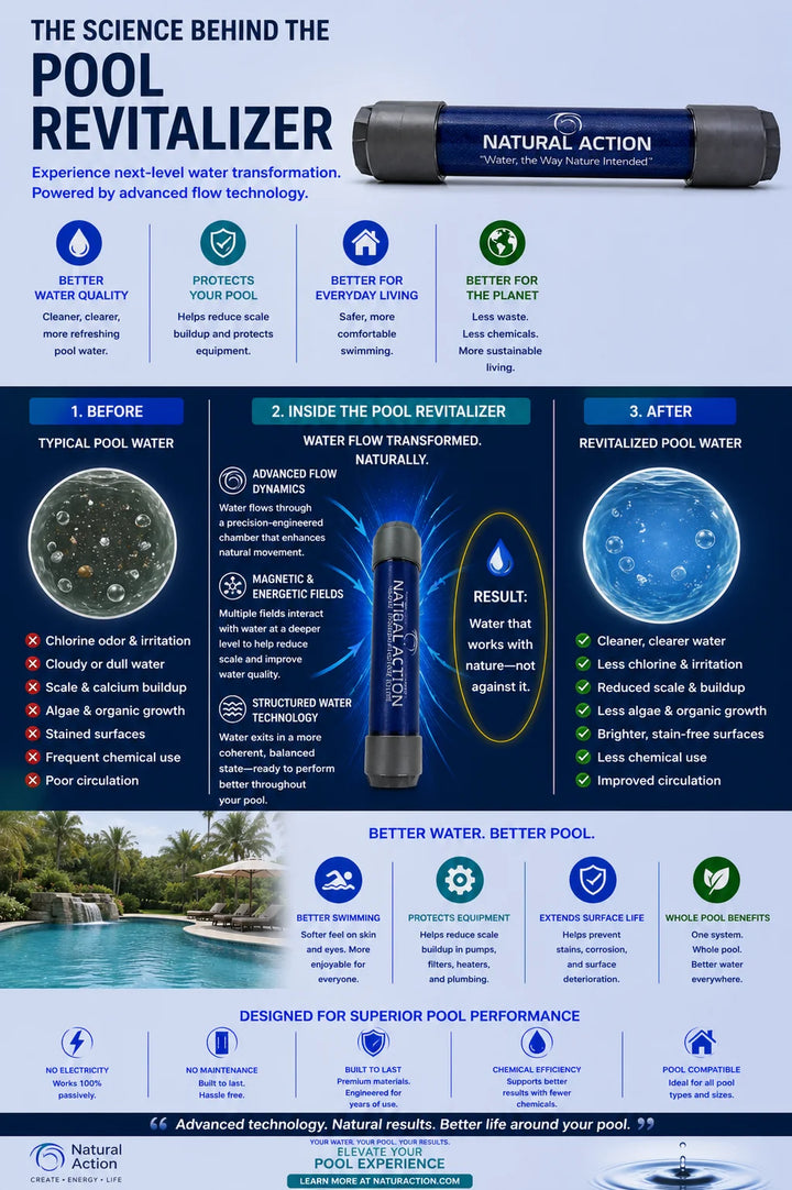 An infographic poster for the Natural Action Pool Revitalizer, showing a pool filter cartridge in three stages of water transformation (typical pool water, inside the filter, and revitalized pool water) with before-and-after pool scenes and various benefit icons.