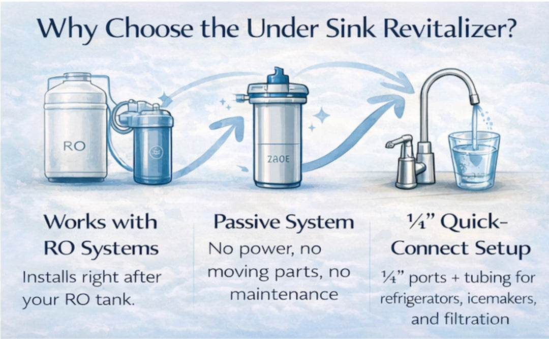 Promotional infographic for an under sink water filter system, showing illustrated components including an RO system, a passive system canister, and a quick-connect faucet setup with water flowing into a glass.